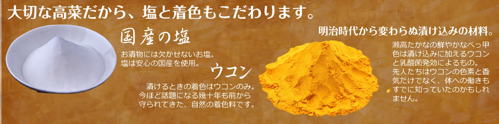 大切な高菜だから、塩と着色もこだわります。
／国産の塩／お漬物には欠かせないお塩。塩は安心の国産産を使用。／ウコン／漬けるときの着色はウコンのみ。／今ほど話題になる幾十年も前から守られてきた、自然の着色料です。／明治時代から変わらぬ漬け込みの材料。／瀬高たかなの鮮やかなべっ甲色は漬け込みに加えるウコンと乳酸菌発効によるもの。先人たちはウコンの色素と香気だけでなく、体への働きもすでに知っていたのかもしれません。 